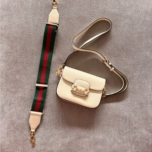 Gucci Horsebit 1955 Mini Shoulder Bag White Leather w/ 2 Straps